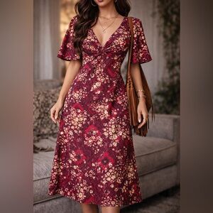 Zinc Y2K Cherry Blossom Twist Front Kimono Sleeve Midi Dress Size S